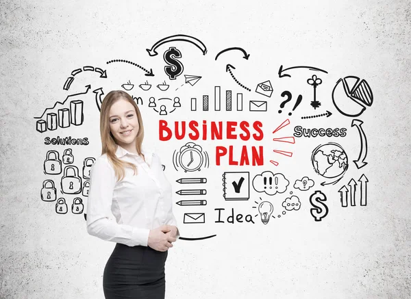Smiling blond woman and business plan — Stock Photo, Image