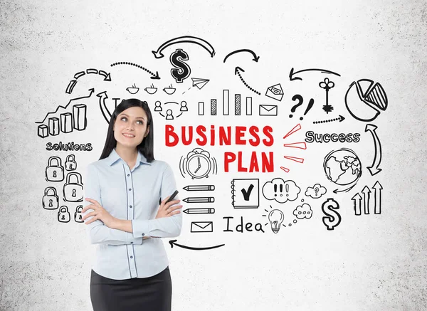 Mujer positiva en camisa azul y plan de negocios — Foto de Stock