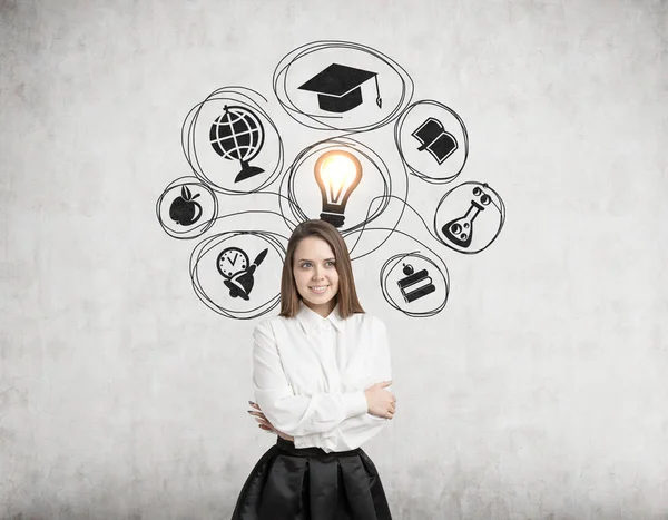 Blond woman study icons and light bulb