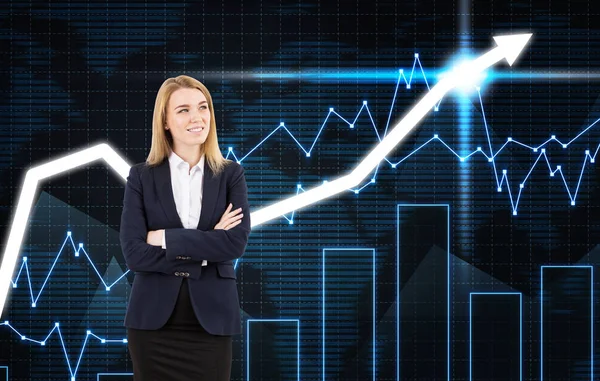 Positive blond woman and graphs on blue — Stock Photo, Image