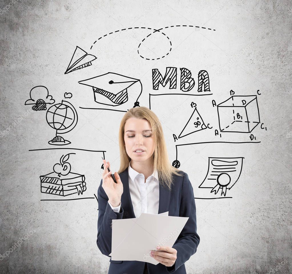 Blond woman with documents and MBA sketch