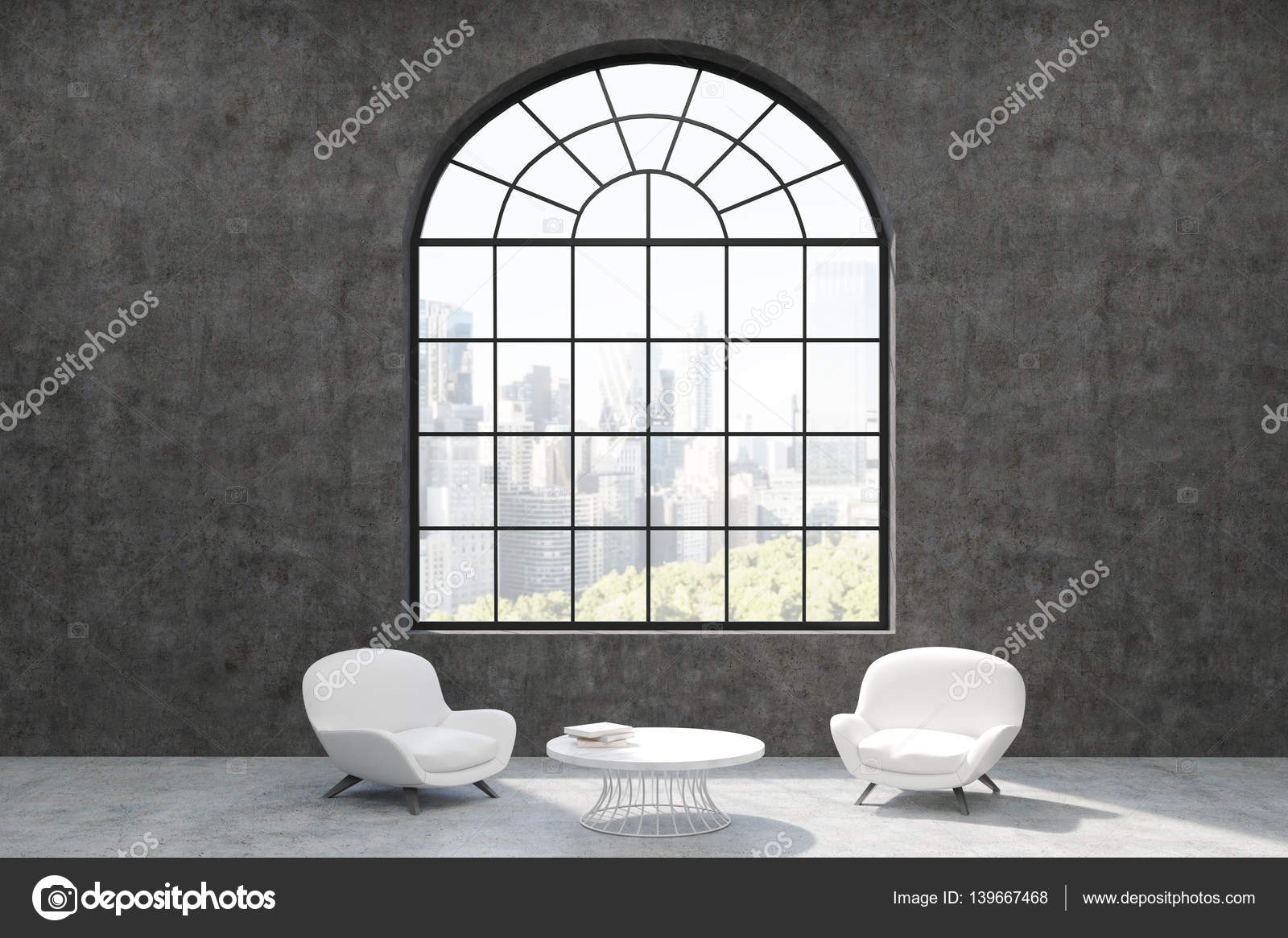 Minimalistisch Wohnzimmer Interieur mit Betonwänden, förmigen Bogen ... Minimalistisch Wohnzimmer Interieur mit Betonwänden, förmigen Bogen ...