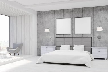 Yatak odası iç beton duvarlı, büyük bir yatak ve koltuk asılı iki kare posterler ile ahşap paneller ile panoramik bir pencere yakınında. 3D render. Yukarı alay.