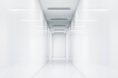 Beyaz duvarlı uzun office koridor. Çok parlak bir ışık. Duvarlarda yansıtan lambalar. Başarılı bir şirket kavramı. 3D render. Yukarı alay