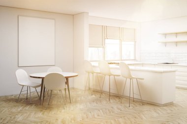 Yuvarlak masa, tonda ile beyaz mutfak köşesi