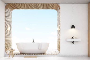 Ahşap, beyaz banyo önden görünümü