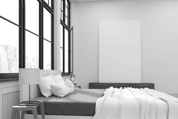Sypialnia z łóżkiem, zestaw szuflady i duży plakat pionowy stojący na nim. Duże okna. renderowania 3D. Makiety. — Zdjęcie stockowe