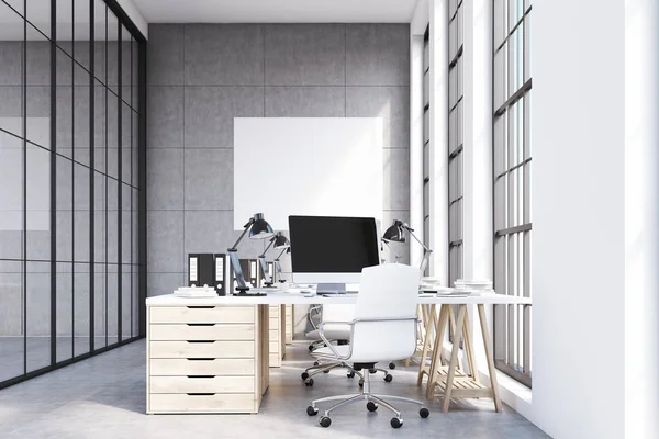 Vista frontale ufficio soppalco, mobili in legno — Foto Stock