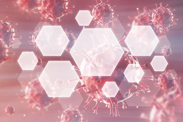 Virus närbild mot röd bakgrund, hexagoner — Stockfoto