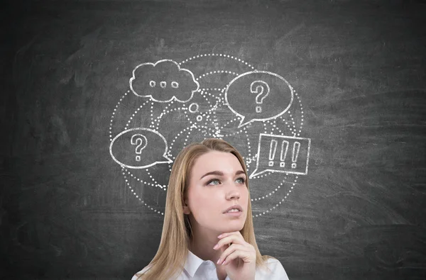 Thinking woman and speech bubbles — Stock Photo, Image