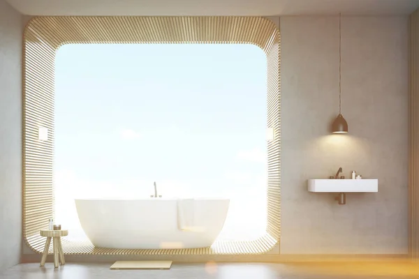 Cuarto de baño con lavabo y madera, vista frontal, tonificado — Foto de Stock