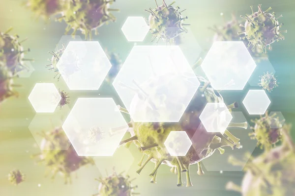 Primer plano del virus sobre fondo verde, hexágonos — Foto de Stock