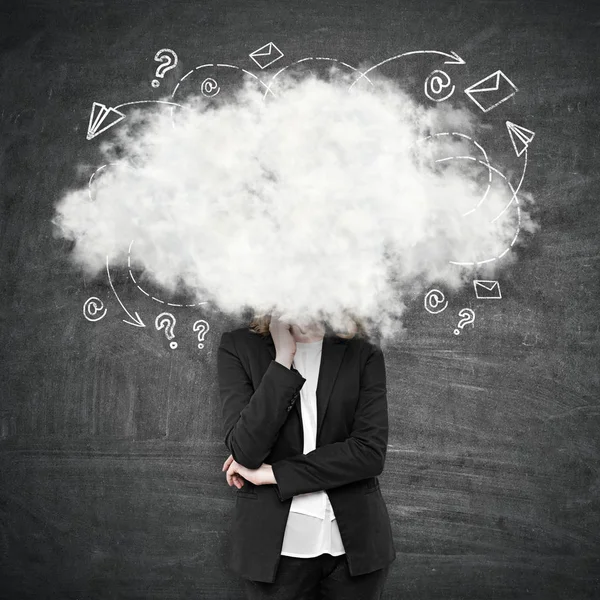 Young woman with head in the clouds. Chalkboard background. Daydreaming concept. — Stock Photo, Image