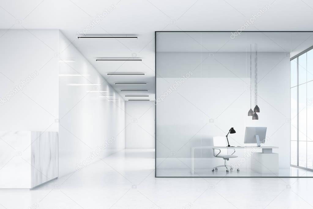 Side view of an office hall with a marble reception counter and an office with white furniture and glass walls. 3d rendering. Mock up.