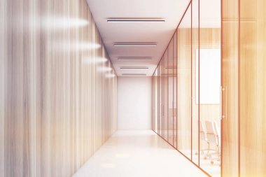 Boş ofis koridor ile ahşap ve cam duvarlar. O ve bir boş duvar birkaç konferans salonu bulunmaktadır. 3D render. Kadar alay et. Tonlu görüntü