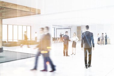 İnsanlarda tonda bir beyaz tahta ile bir ofis binası