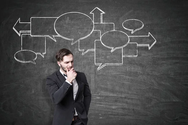 Pensive man and flow chart on blackboard — Stock Photo, Image