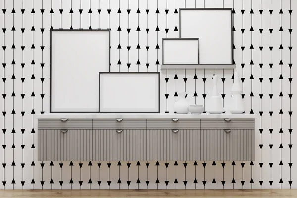 Комната с ящиками и плакатами, белая стена — стоковое фото