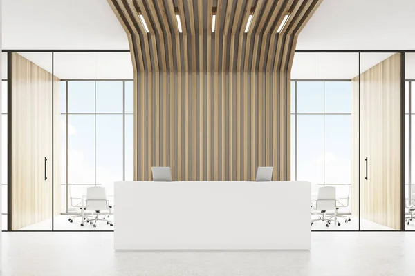 Reception desk and brown pipes, front — Stock Photo, Image