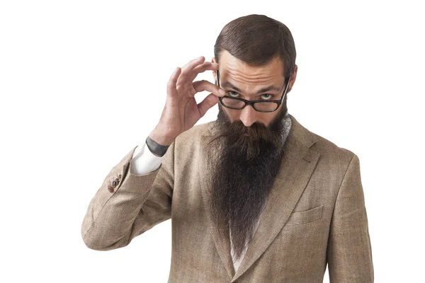 Empresário cético com barba longa, isolado — Fotografia de Stock