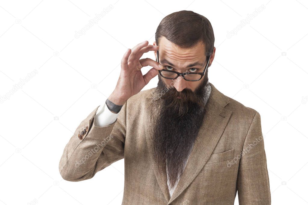 Sceptical businessman with long beard, isolated