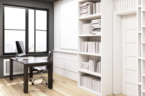 Biblioteca em casa com uma mesa, branco, vista lateral — Fotografia de Stock