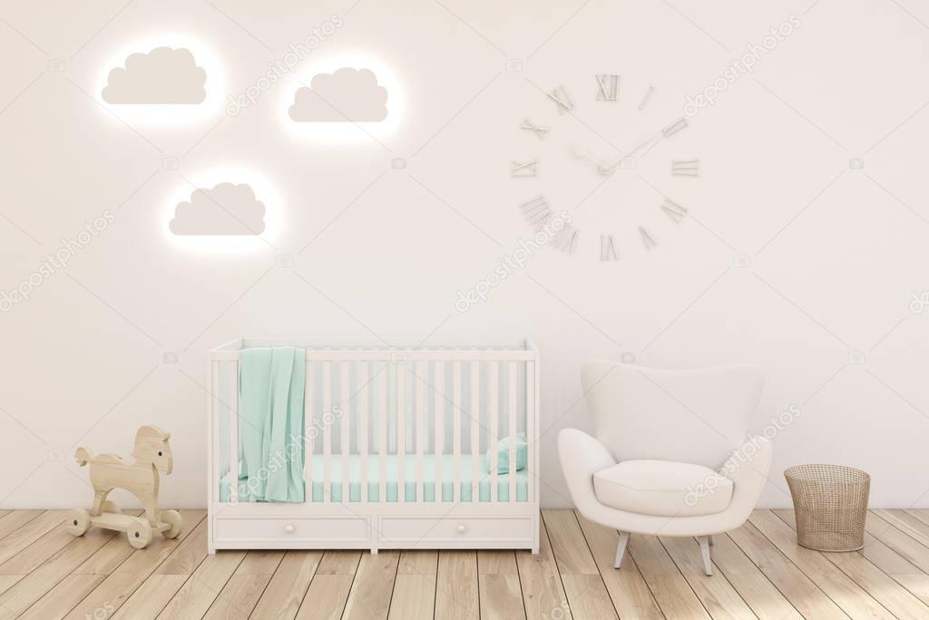 Kids room with clocks, white walls.