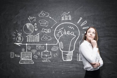 Dalgın sarışın bir kadın ve bir fikir çizim