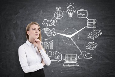 Dalgın sarışın kadın ve iş saati 