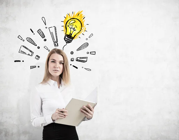 Woman with book and exclamation marks, light bulb — Stock Photo, Image