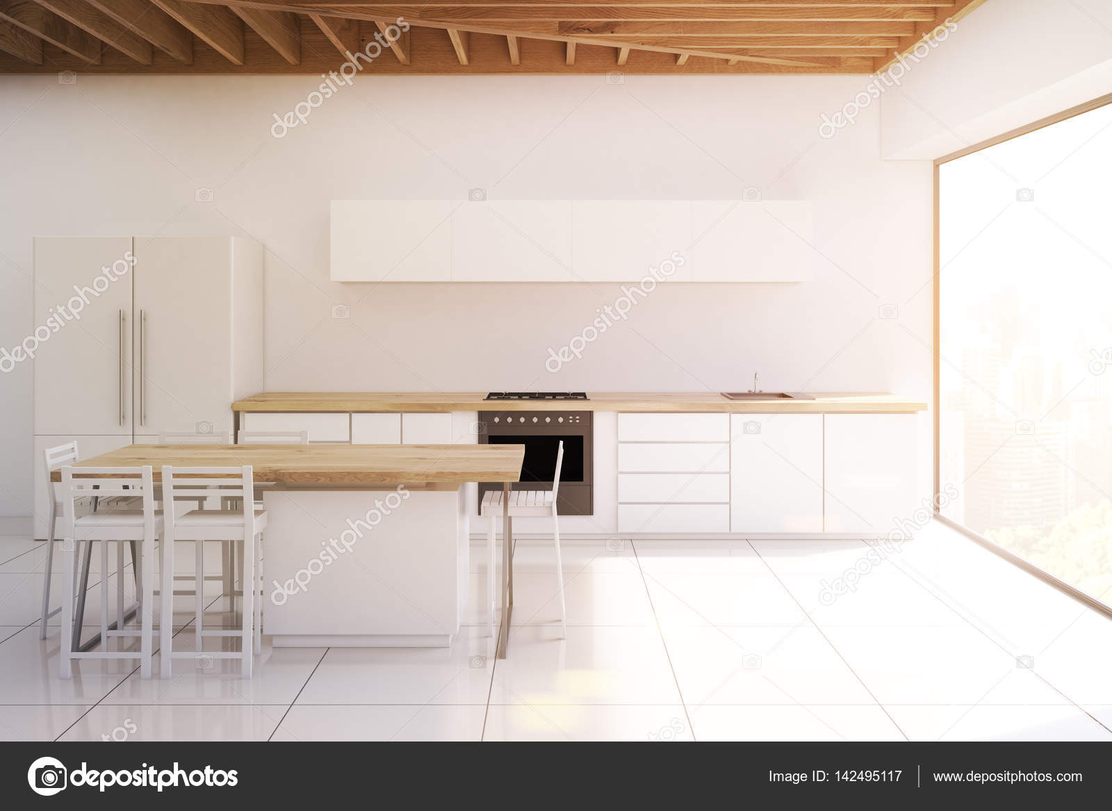 Cozinha Com Tecto De Madeira Quadro Estreito Em Tons Stock Photo Cozinha Com Tecto De Madeira Quadro Estreito Em Tons Stock Photo