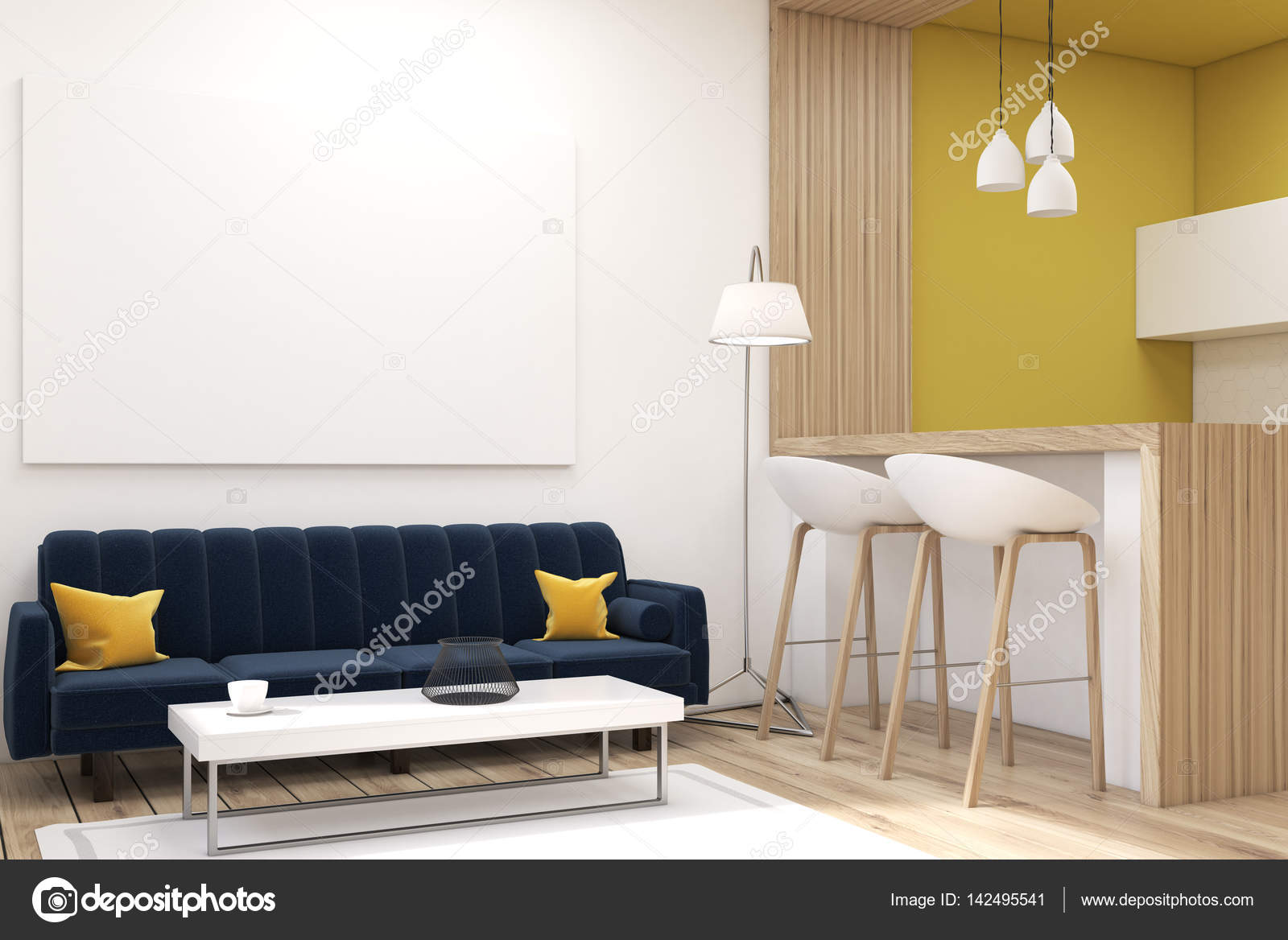Vardagsrum med svart soffa i en studio, sida — stockfotografi ...
