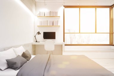 Beyaz yatak odası iç ile bilgisayar, tonda