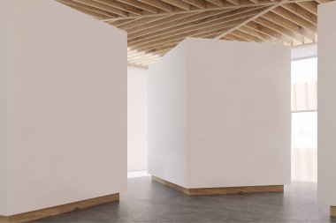 Sanat Galerisi gri taban, ahşap tavan ve yan
