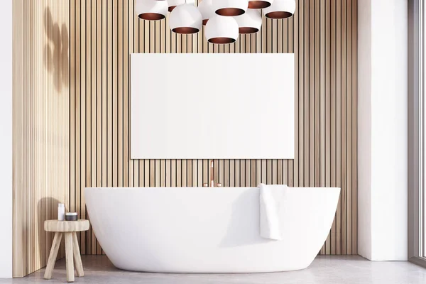 Banheiro com lâmpadas, madeira clara, cartaz — Fotografia de Stock
