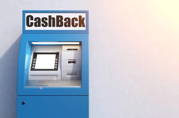Close-up van een blauwe ATM-machine in de buurt van een betonnen muur — Stockfoto
