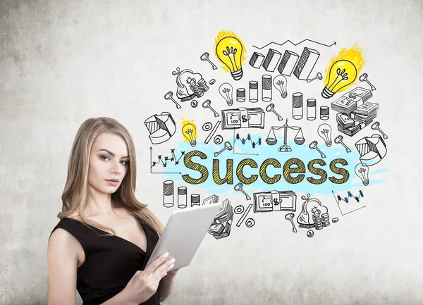 Blond woman with a cleavage and success — Stock Photo, Image