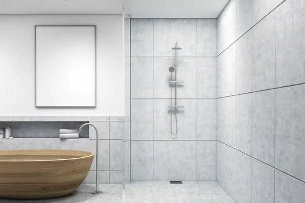 Cuarto de baño con bañera de madera, cartel vertical — Foto de Stock
