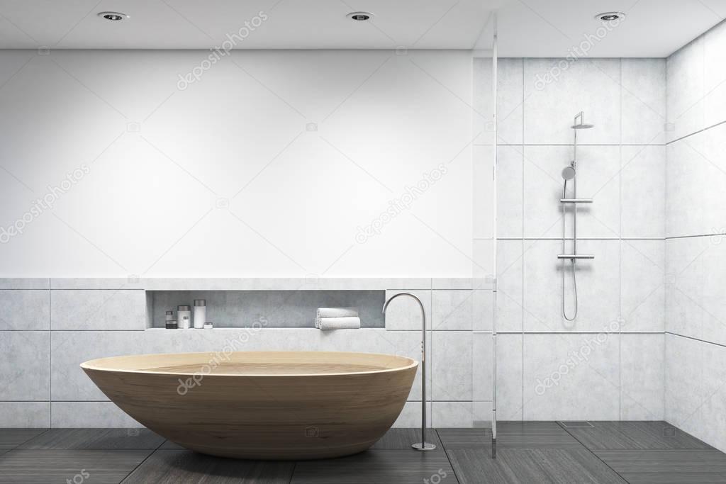 Bathroom with wooden tub and shower