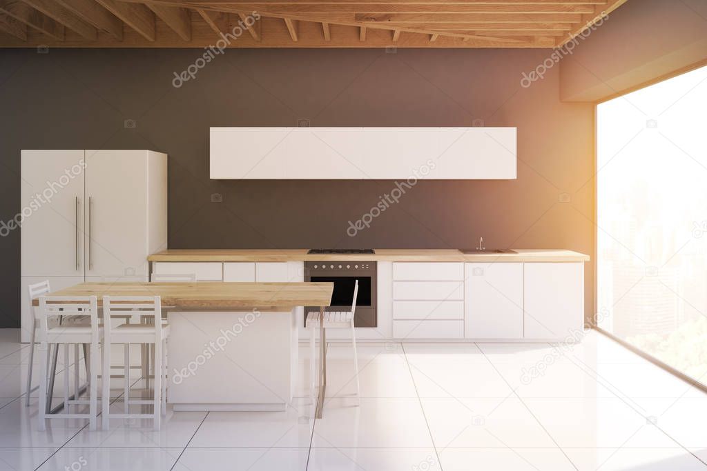 Kitchen with stools and narrow picture, toned