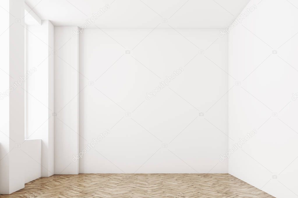Empty room, front view, wooden floor