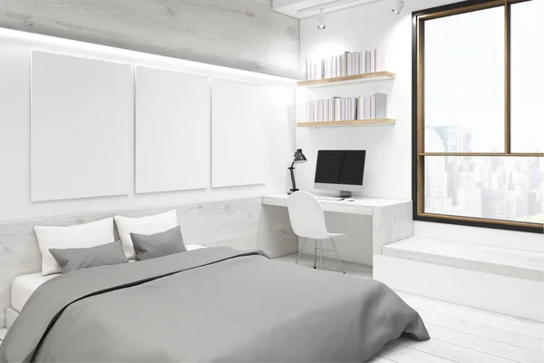 White bedroom with picture gallery, corner