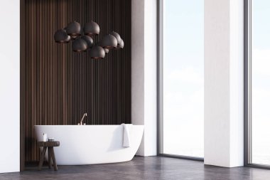 Lambalar, koyu renkli ahşap, köşe banyo