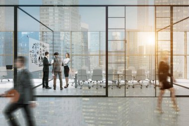 Glass walled office with people and a poster clipart