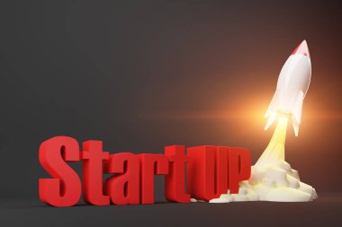 Karikatür roket, siyah arka plan, 3d kelimeler