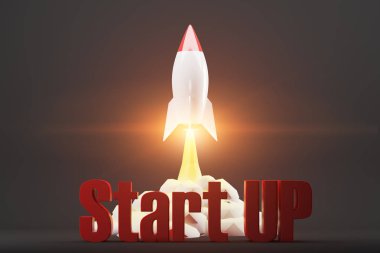 Dikey çizgi film roket, siyah arka plan, 3d