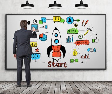 Adam beyaz tahta üzerinde başlangıç kroki çizim