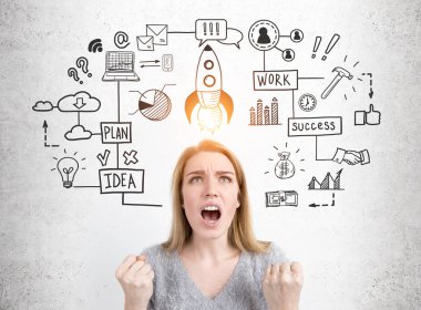 Stresli kadın ve Proje çizimi, beton