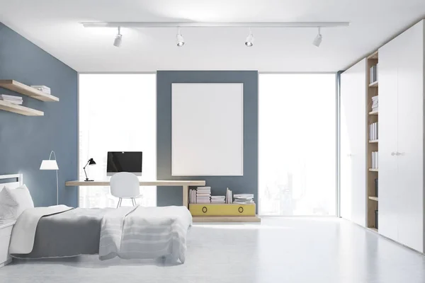 Dormitorio gris amurallado con rincón de estudio, frente —  Fotos de Stock