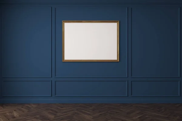 Horizontale affiche op lege blauwe kamer, donkere vloer — Stockfoto